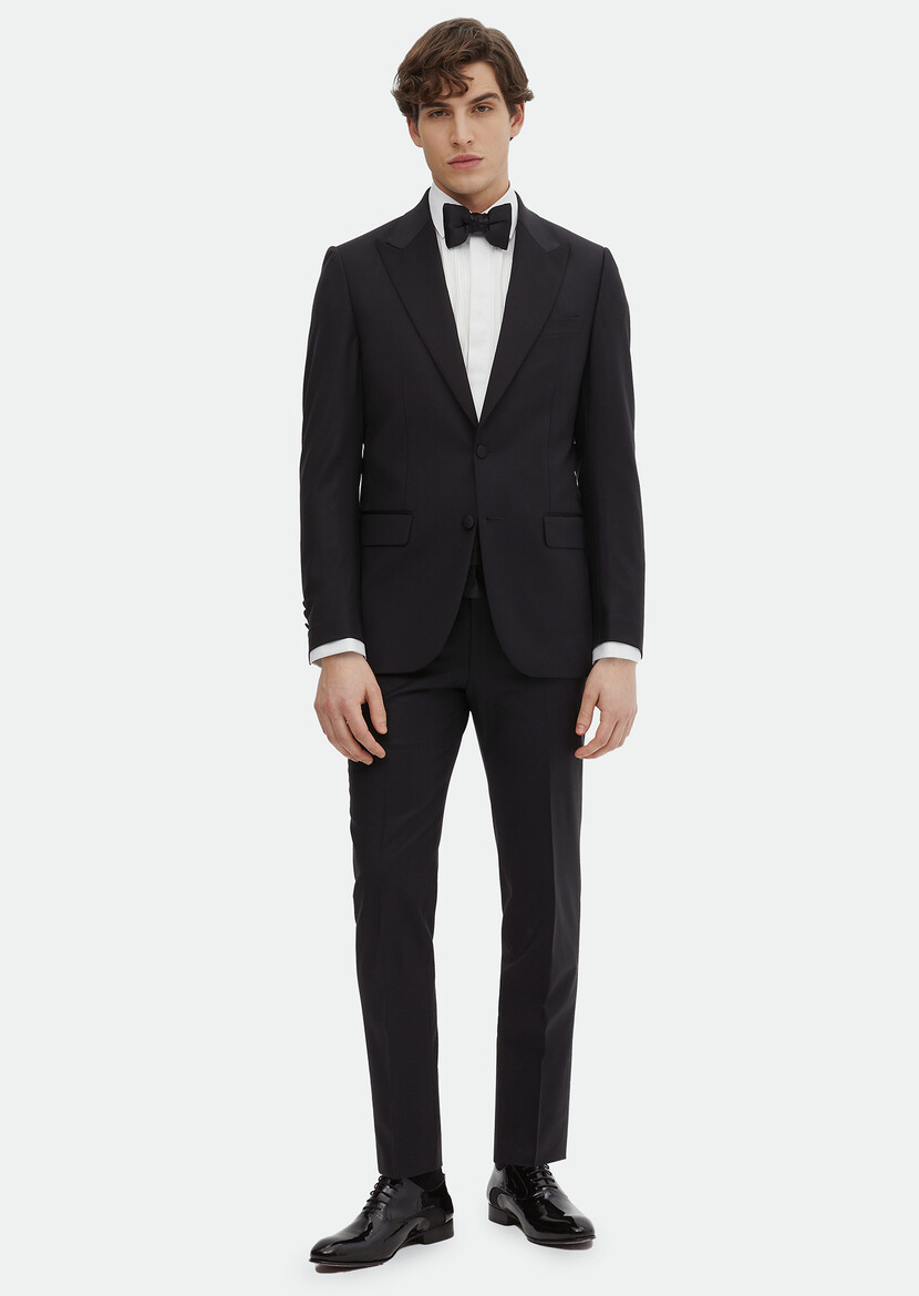 Black Plain Thin&Taller Slim Fit Double Breasted Collar Weaving Tuxedo - 2