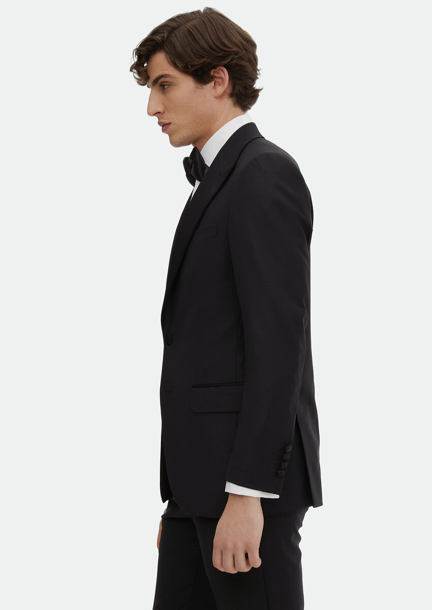 Black Plain Thin&Taller Slim Fit Double Breasted Collar Weaving Tuxedo - 3