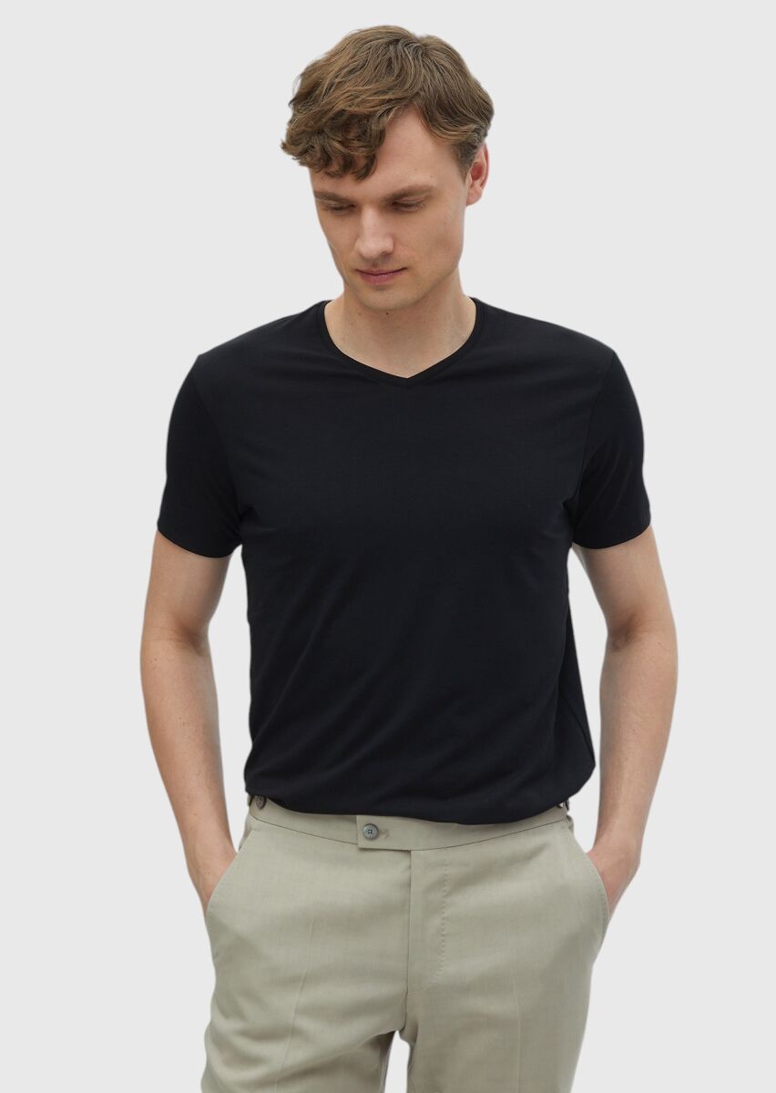 Black Plain V-Neck Cotton Blended T-Shirt - 1