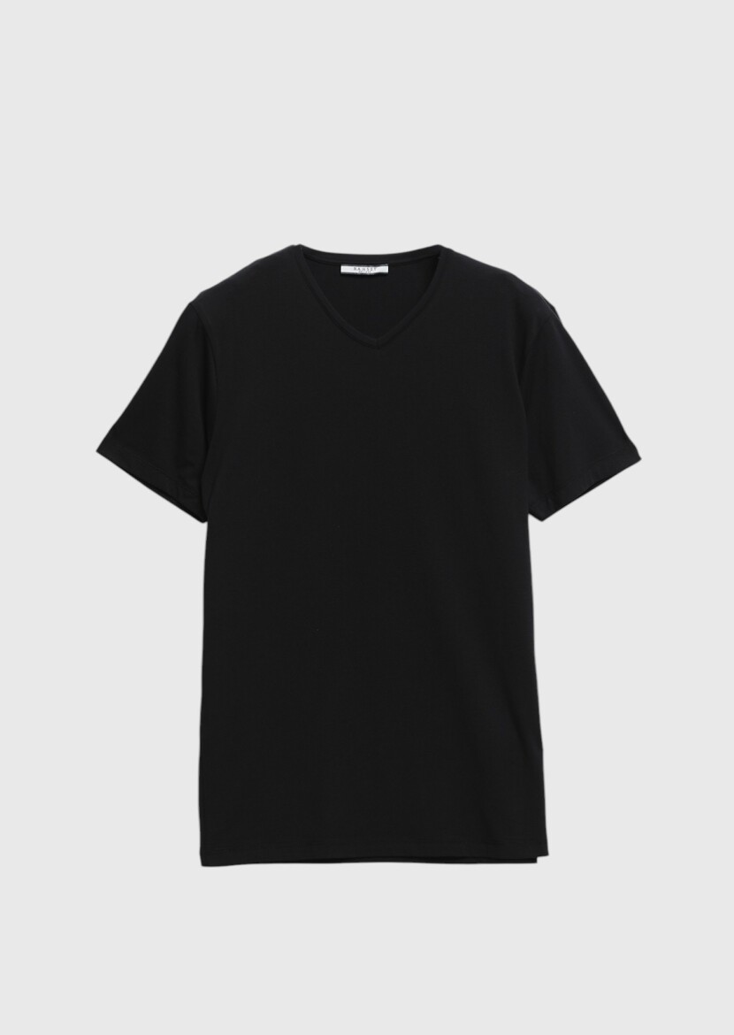 Black Plain V-Neck Cotton Blended T-Shirt - 6