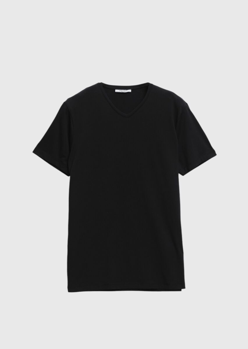 Black Plain V-Neck Cotton Blended T-Shirt - 6