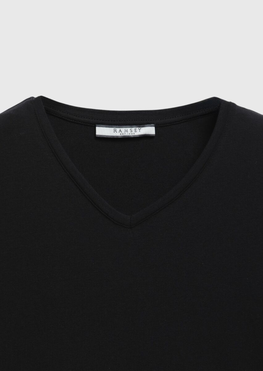Black Plain V-Neck Cotton Blended T-Shirt - 7