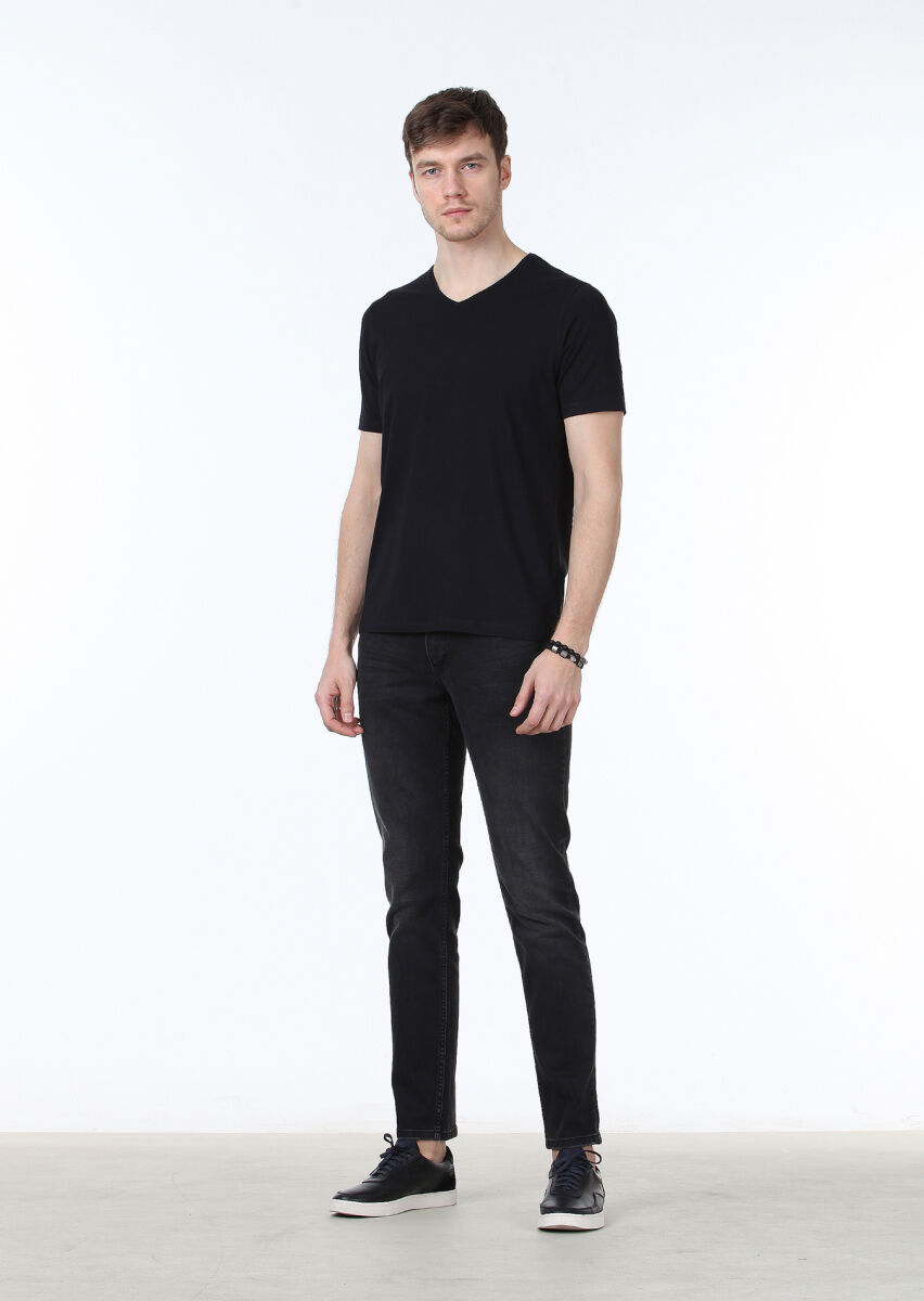 Black Plain V-Neck Cotton Blended T-Shirt - 2