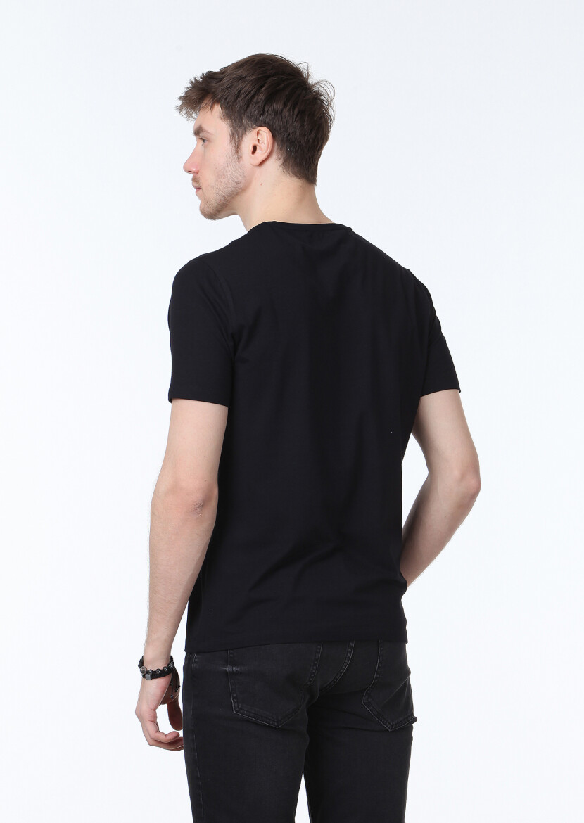 Black Plain V-Neck Cotton Blended T-Shirt - 4
