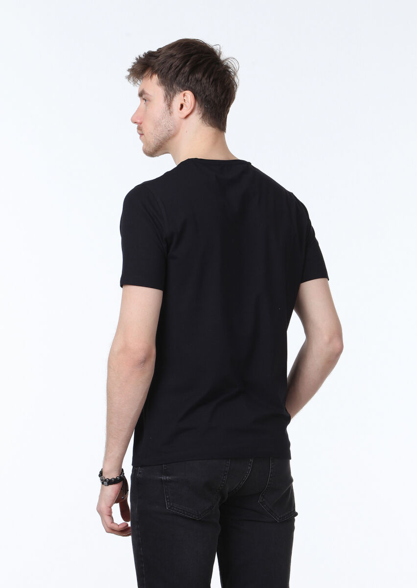 Black Plain V-Neck Cotton Blended T-Shirt - 4