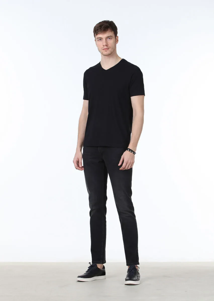 Black Plain V-Neck Cotton Blended T-Shirt - 2
