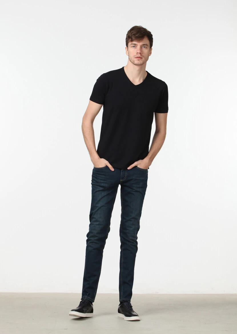 Black Plain V-Neck Cotton Blended T-Shirt 