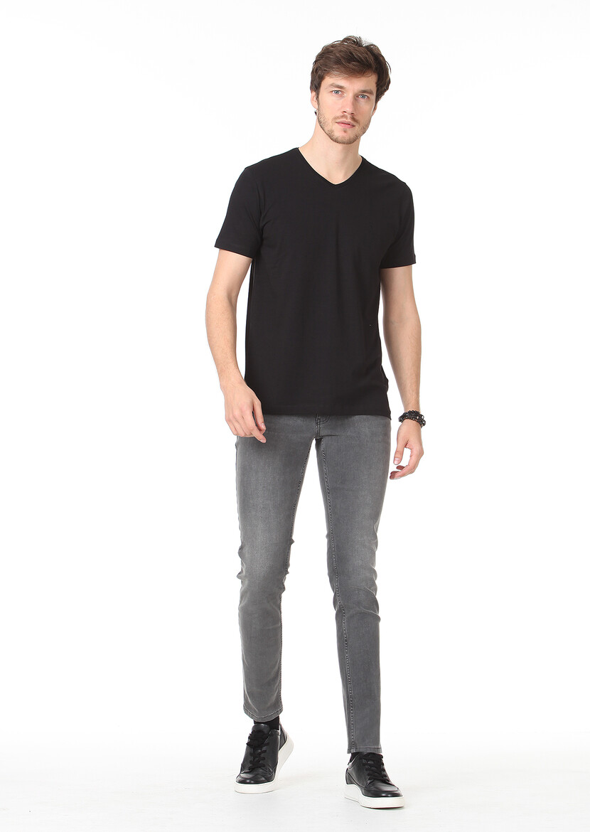 Black Plain V-Neck Cotton Blended T-Shirt - 3