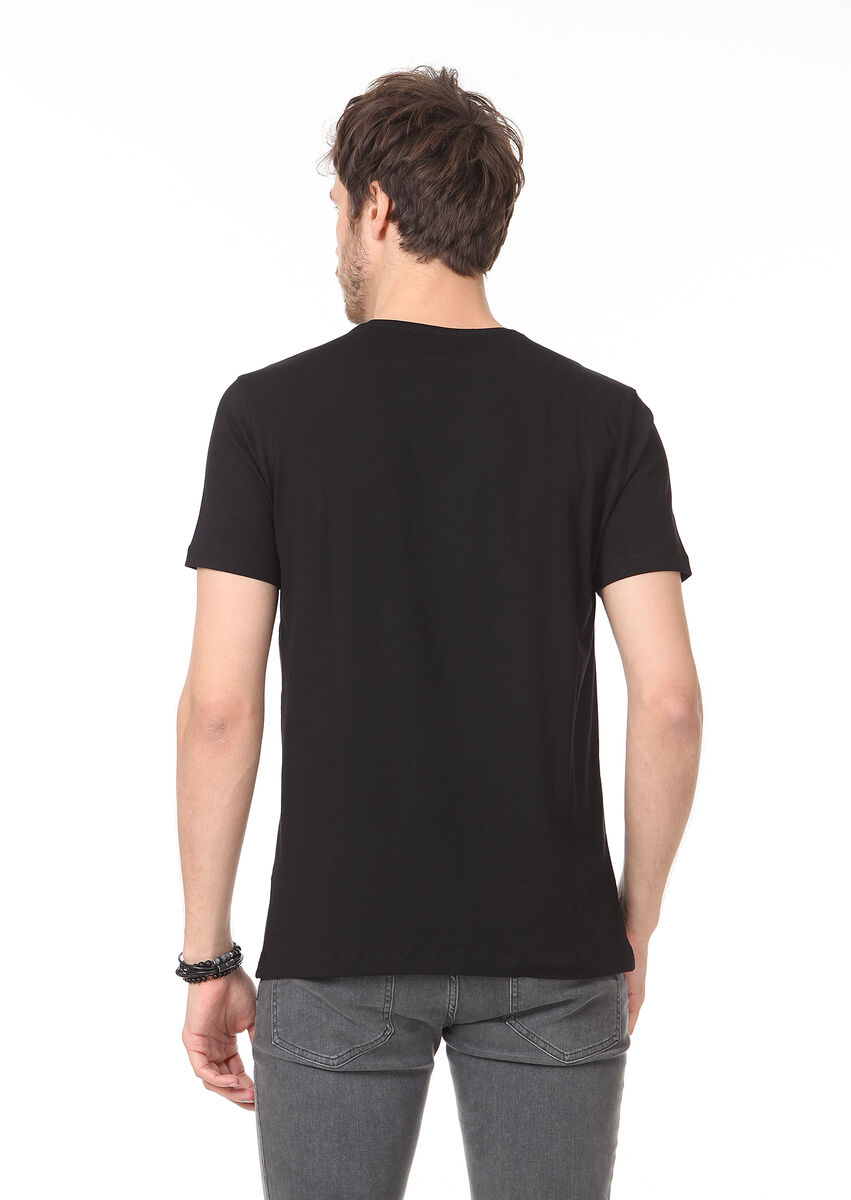 Black Plain V-Neck Cotton Blended T-Shirt - 4