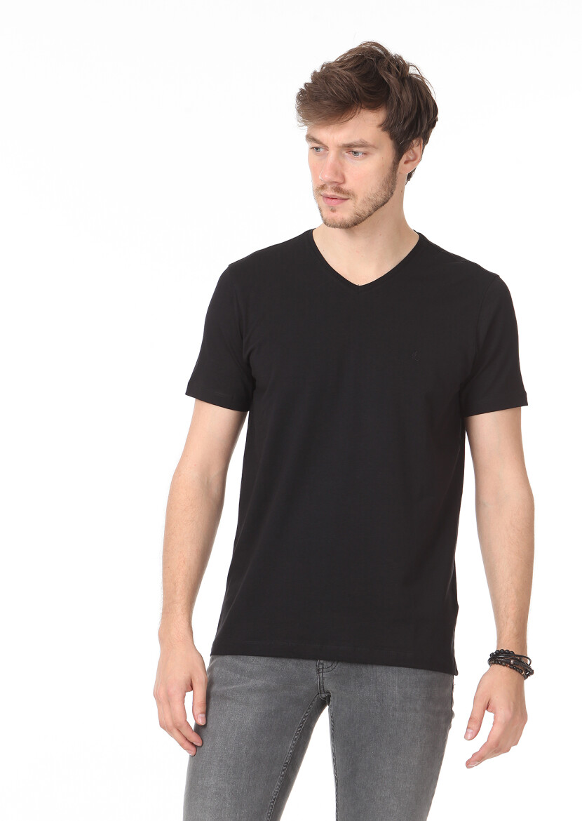 Black Plain V-Neck Cotton Blended T-Shirt - 1