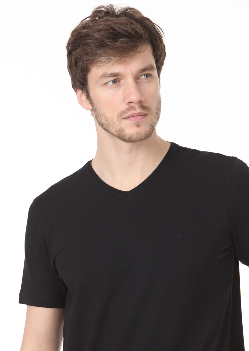 Black Plain V-Neck Cotton Blended T-Shirt - 2