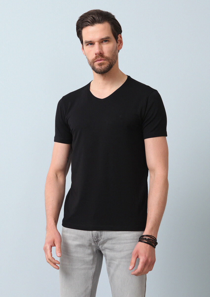 Black Plain V-Neck Cotton Blended T-Shirt - 1