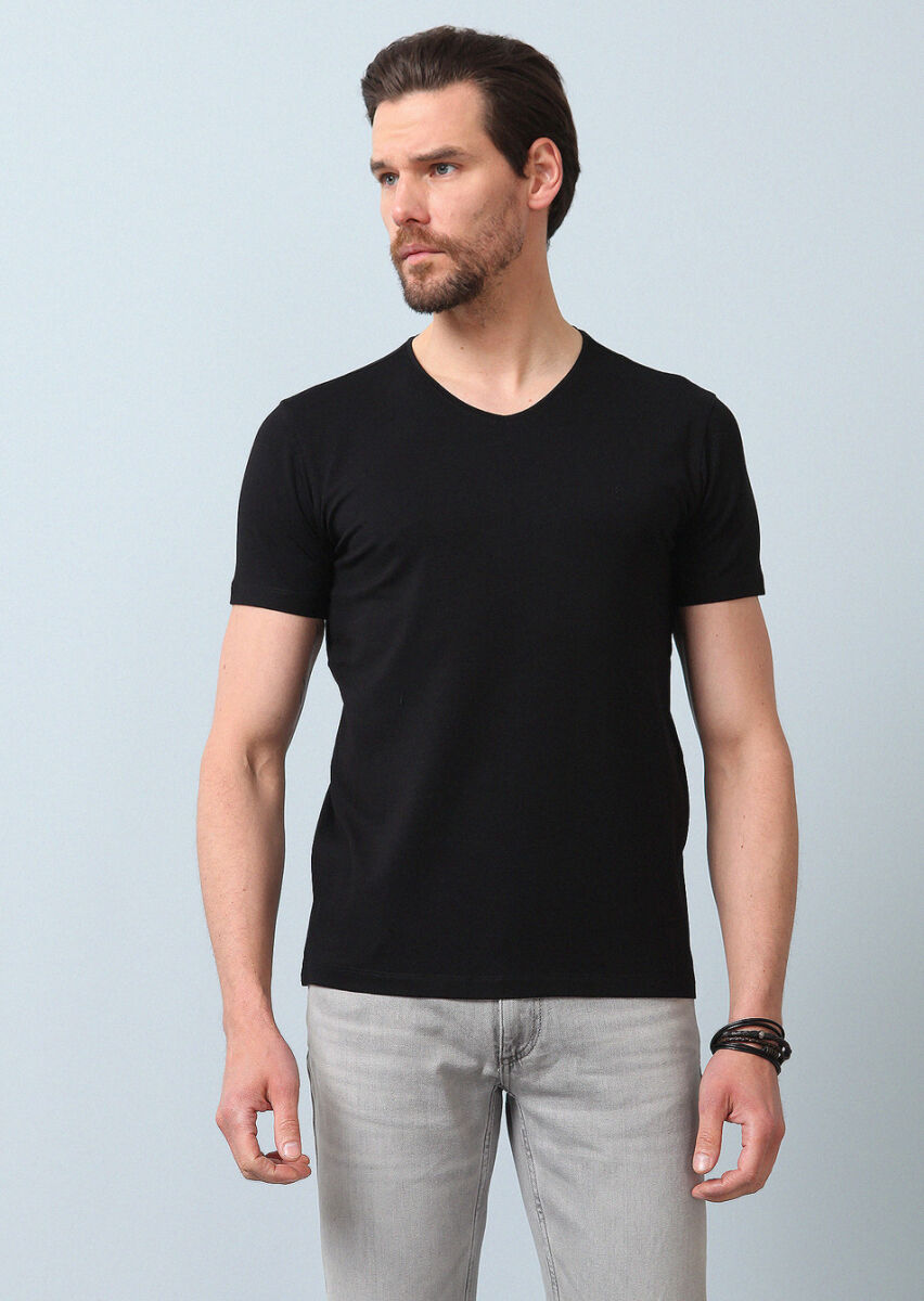 Black Plain V-Neck Cotton Blended T-Shirt - 4