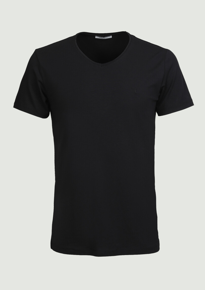 Black Plain V-Neck Cotton Blended T-Shirt - 1