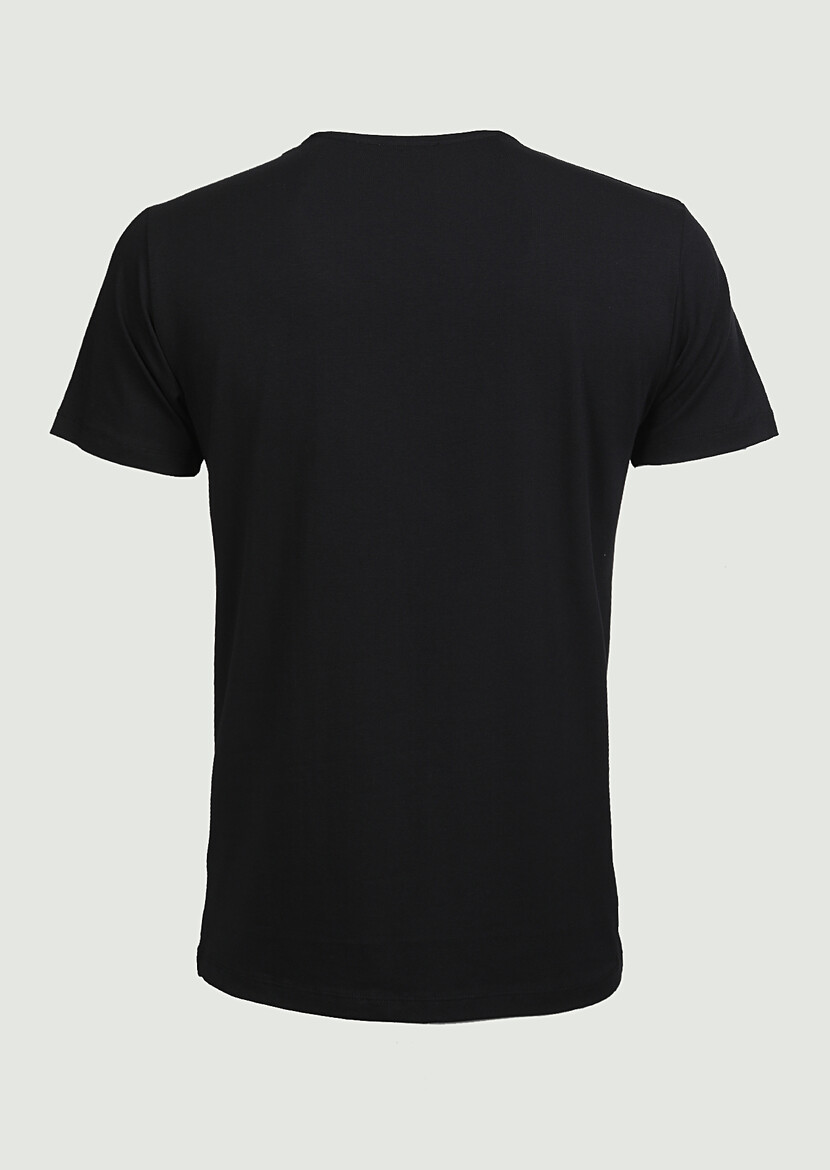 Black Plain V-Neck Cotton Blended T-Shirt - 2