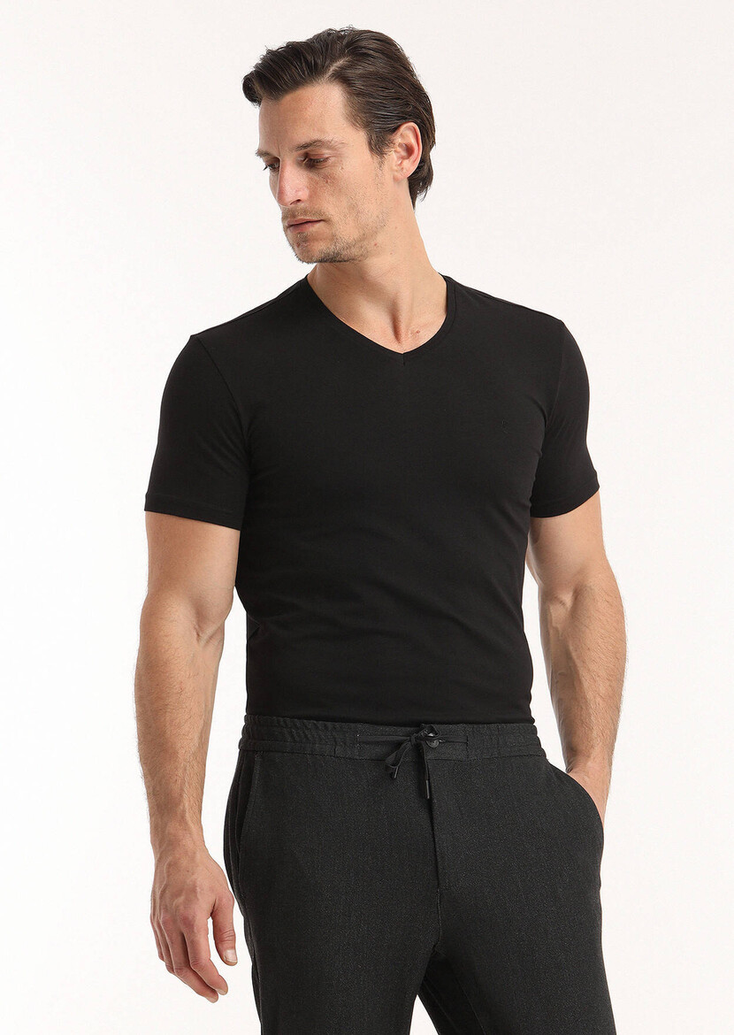 Black Plain V-Neck Cotton Blended T-Shirt 