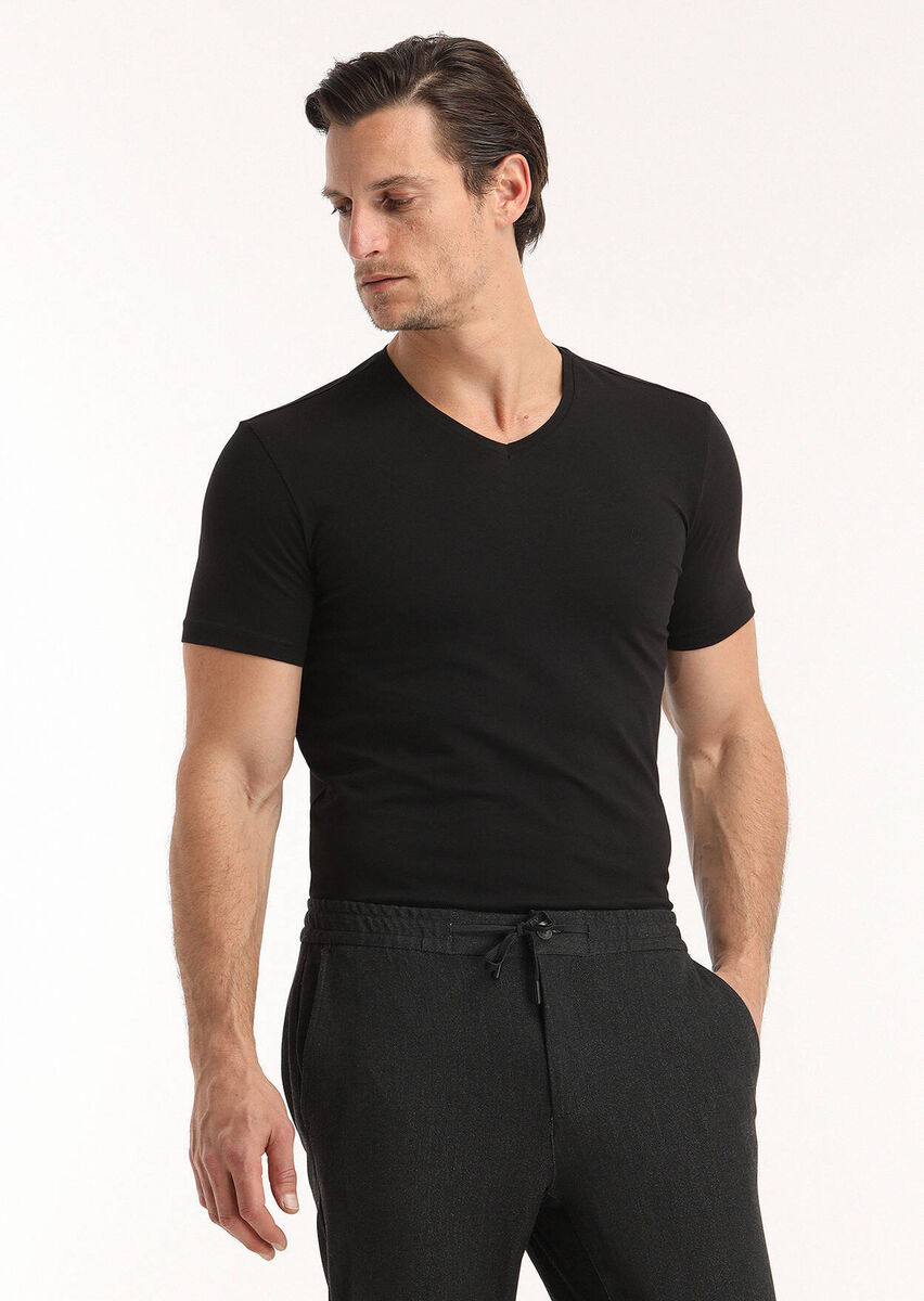 Black Plain V-Neck Cotton Blended T-Shirt - 1