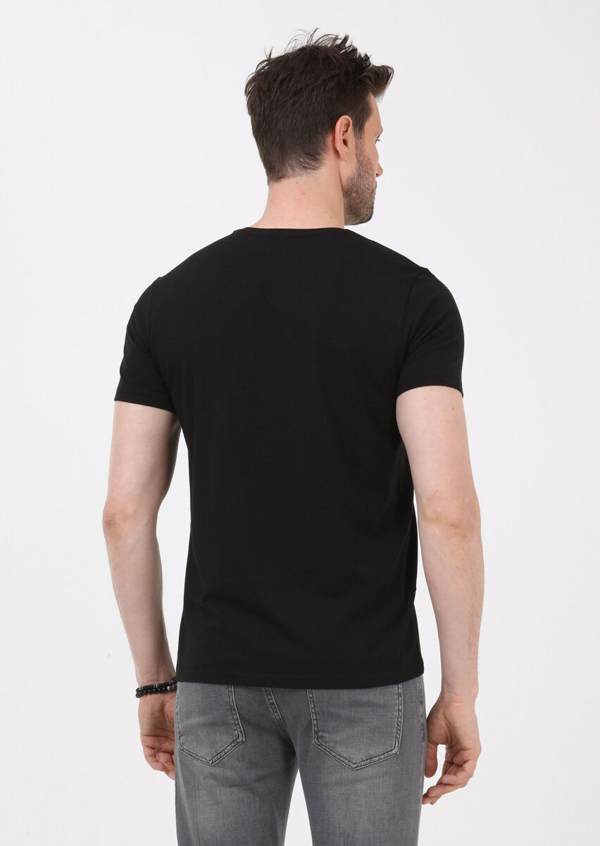 Black Plain V-Neck Cotton Blended T-Shirt - 4