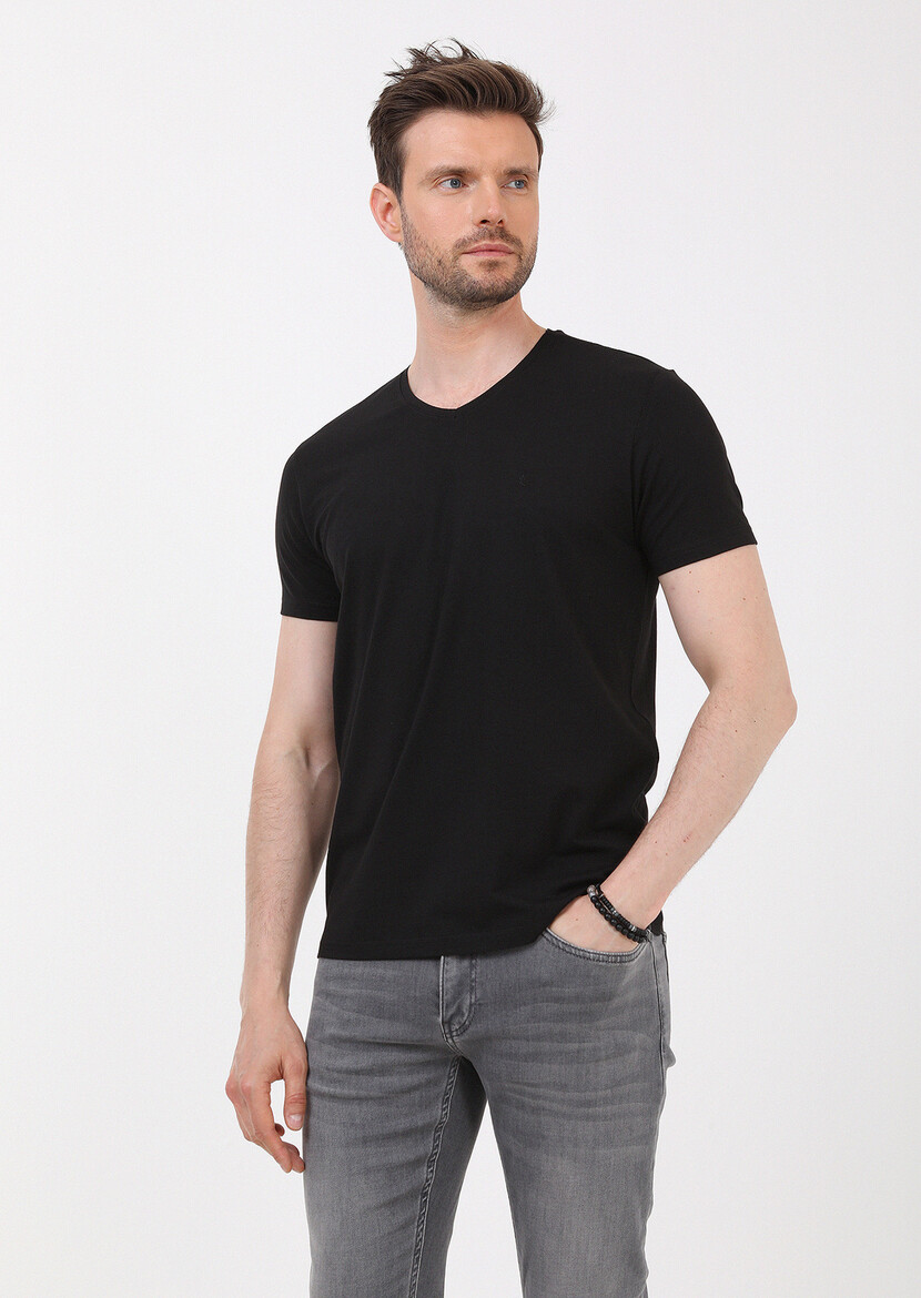 Black Plain V-Neck Cotton Blended T-Shirt 