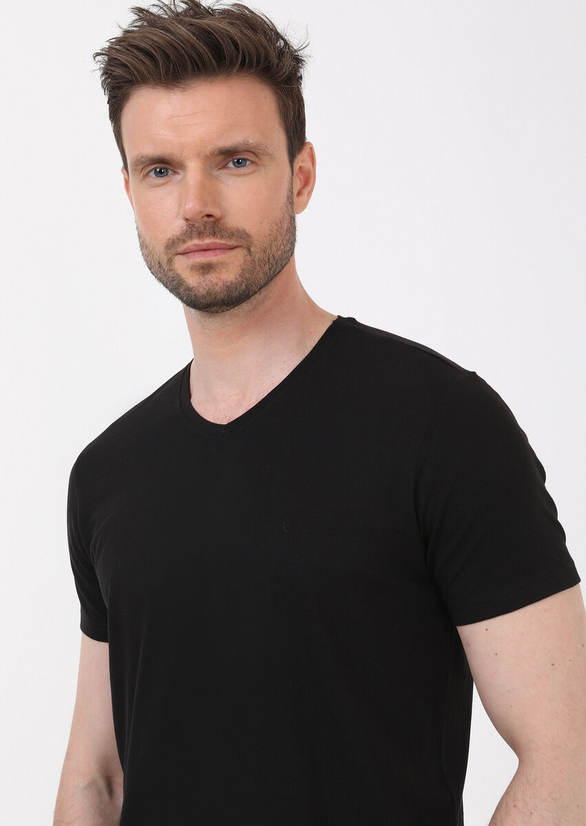 Black Plain V-Neck Cotton Blended T-Shirt - 2