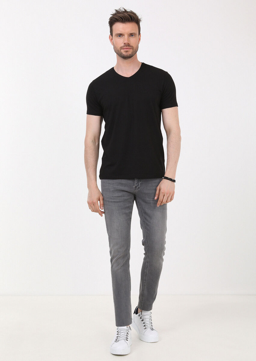 Black Plain V-Neck Cotton Blended T-Shirt - 3