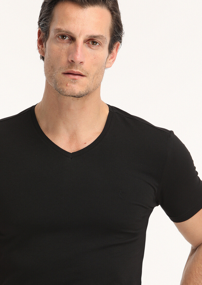 Black Plain V-Neck Cotton Blended T-Shirt - 3