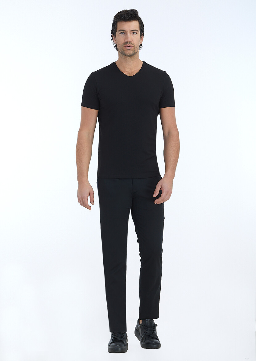 Black Plain V-Neck Cotton Blended T-Shirt 