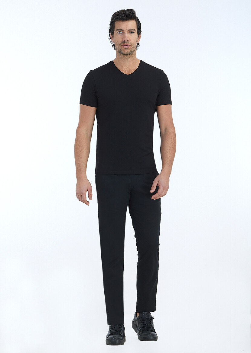 Black Plain V-Neck Cotton Blended T-Shirt - 1