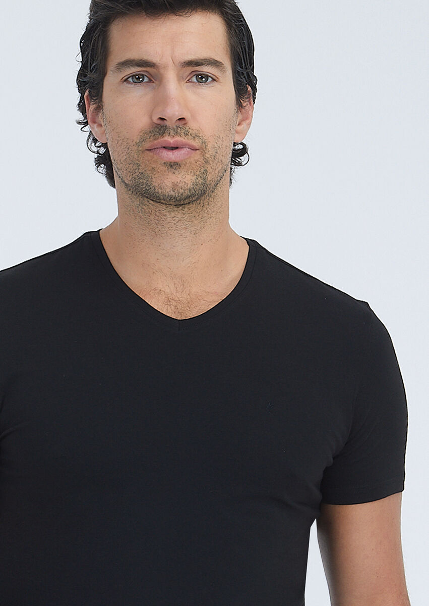 Black Plain V-Neck Cotton Blended T-Shirt - 3