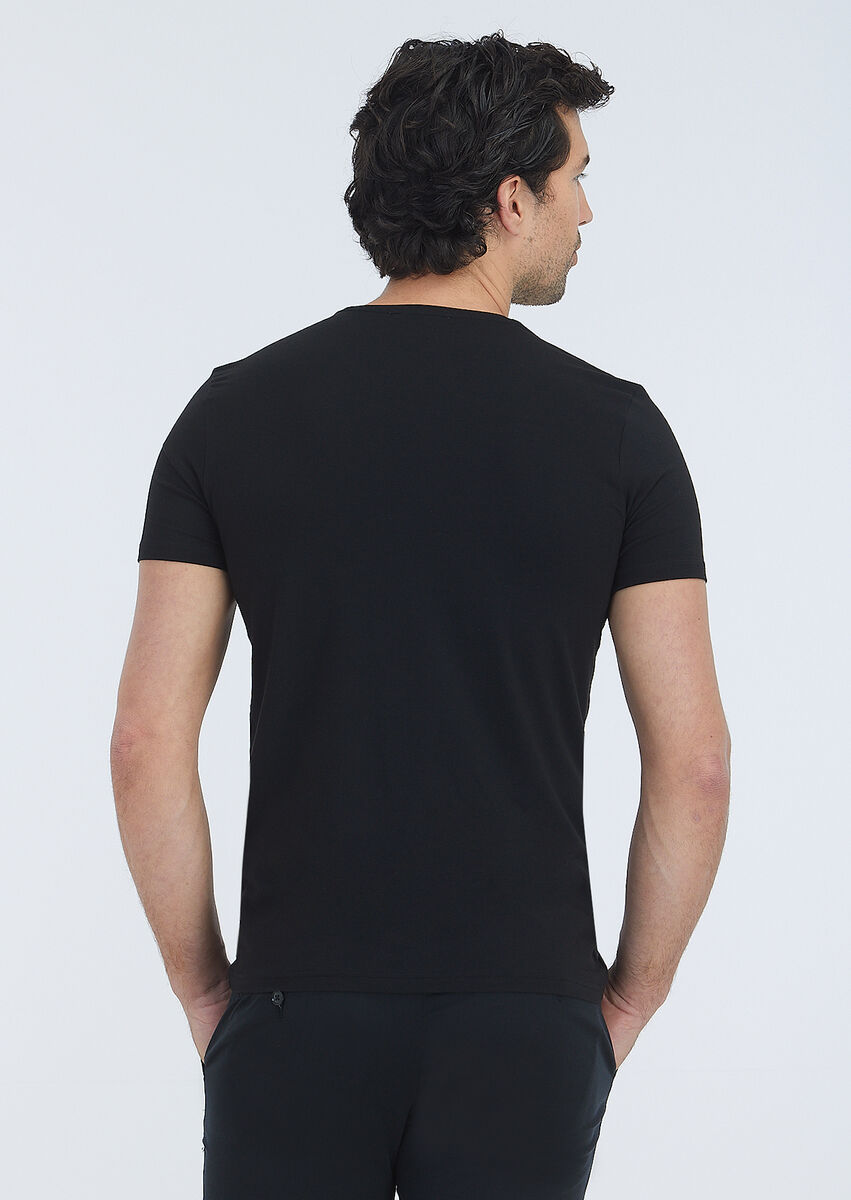 Black Plain V-Neck Cotton Blended T-Shirt - 4