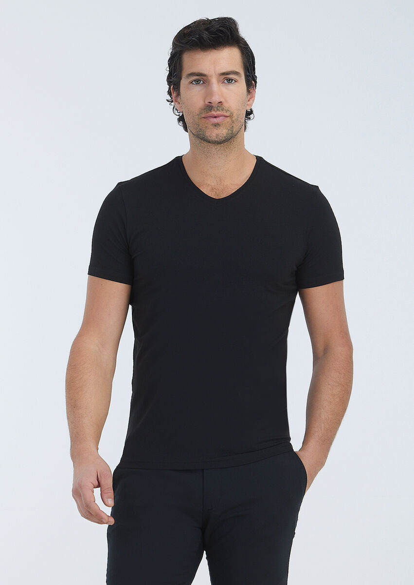 Black Plain V-Neck Cotton Blended T-Shirt - 2