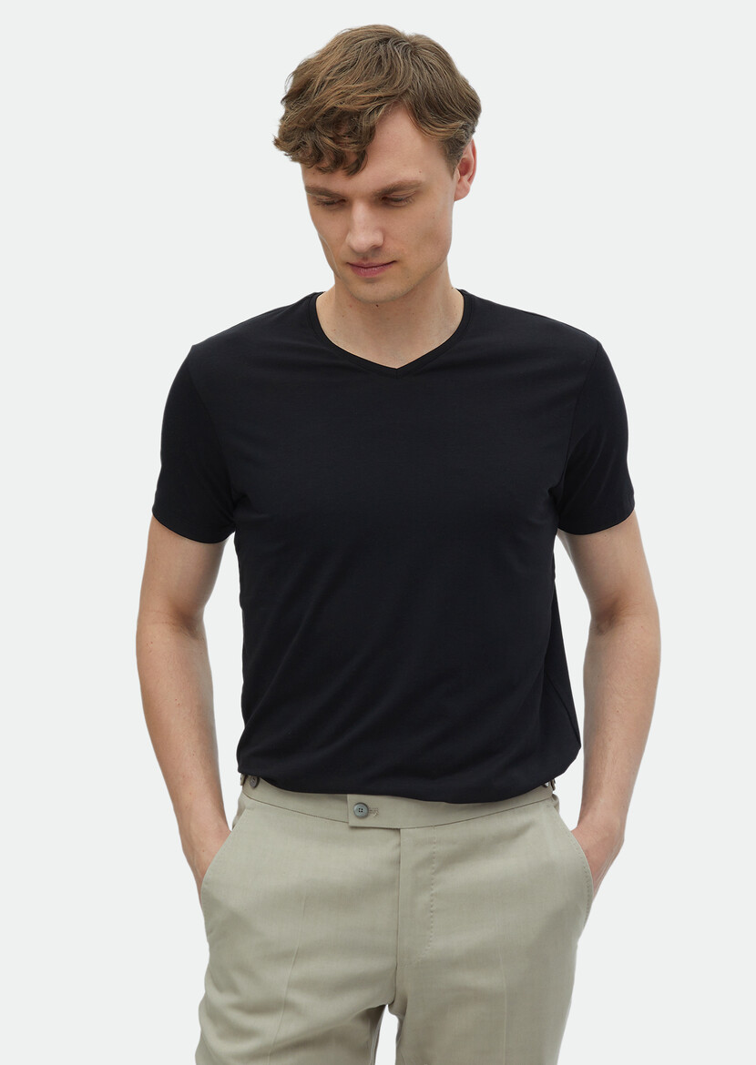 Black Plain V-Neck Cotton Blended T-Shirt - 1