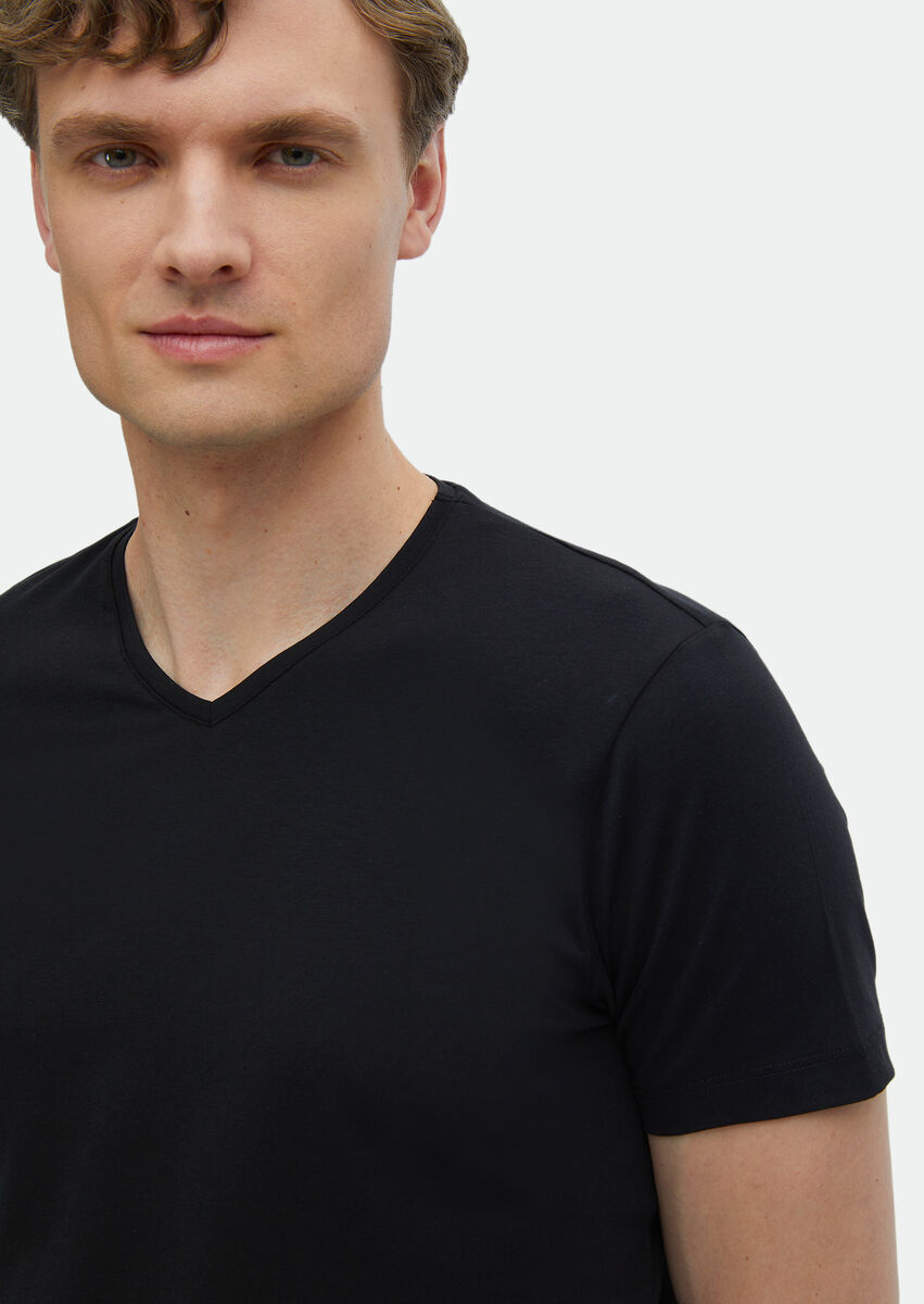 Black Plain V-Neck Cotton Blended T-Shirt - 3