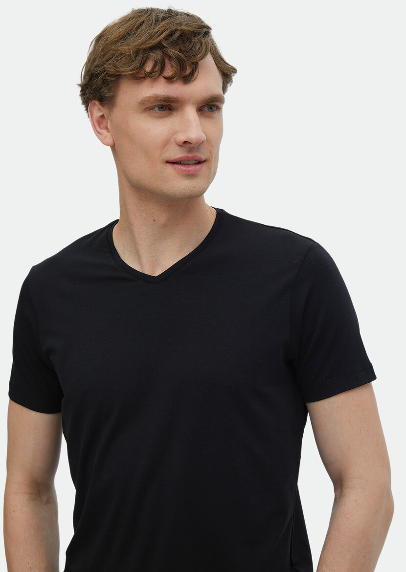 Black Plain V-Neck Cotton Blended T-Shirt - 4