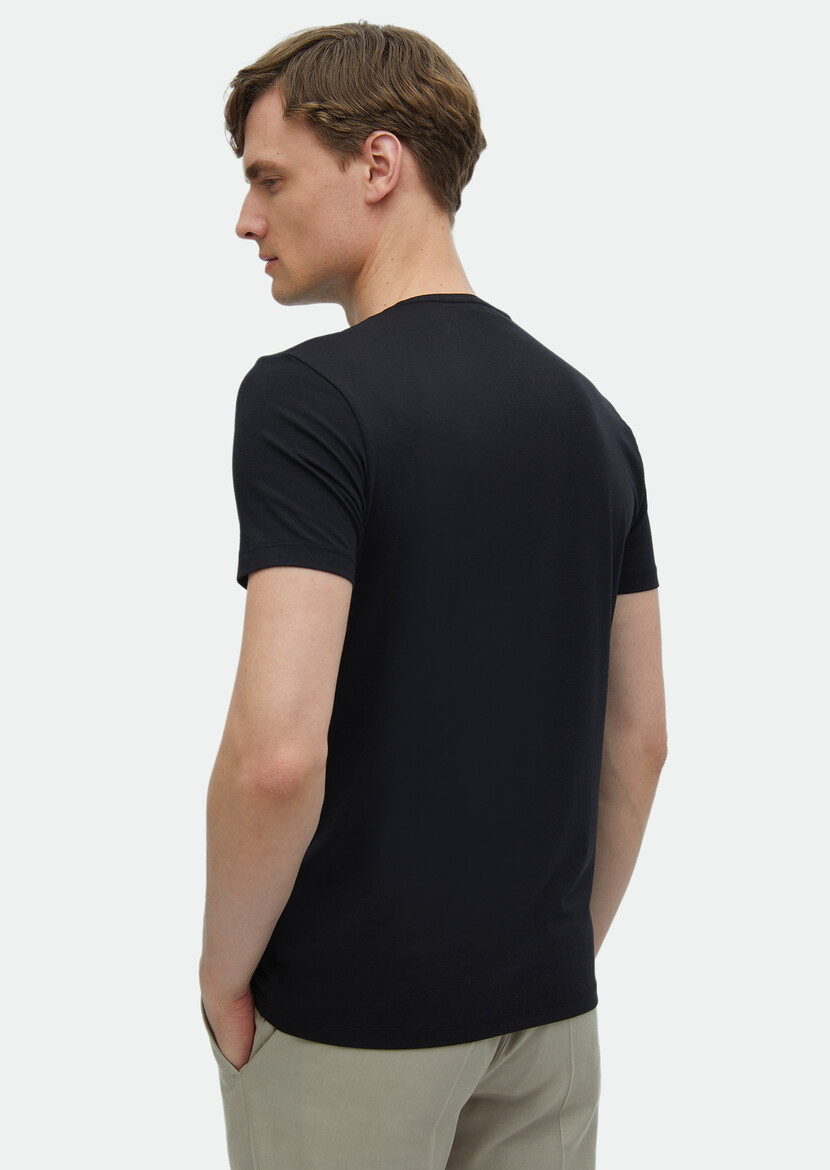 Black Plain V-Neck Cotton Blended T-Shirt - 5