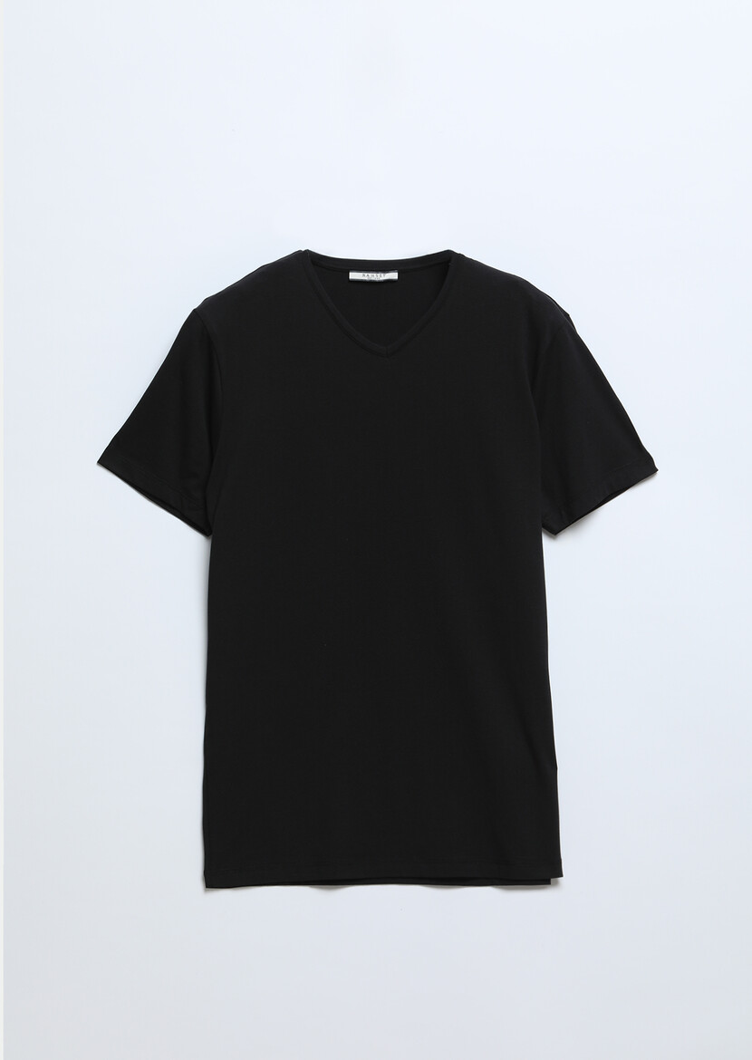 Black Plain V-Neck Cotton Blended T-Shirt - 6