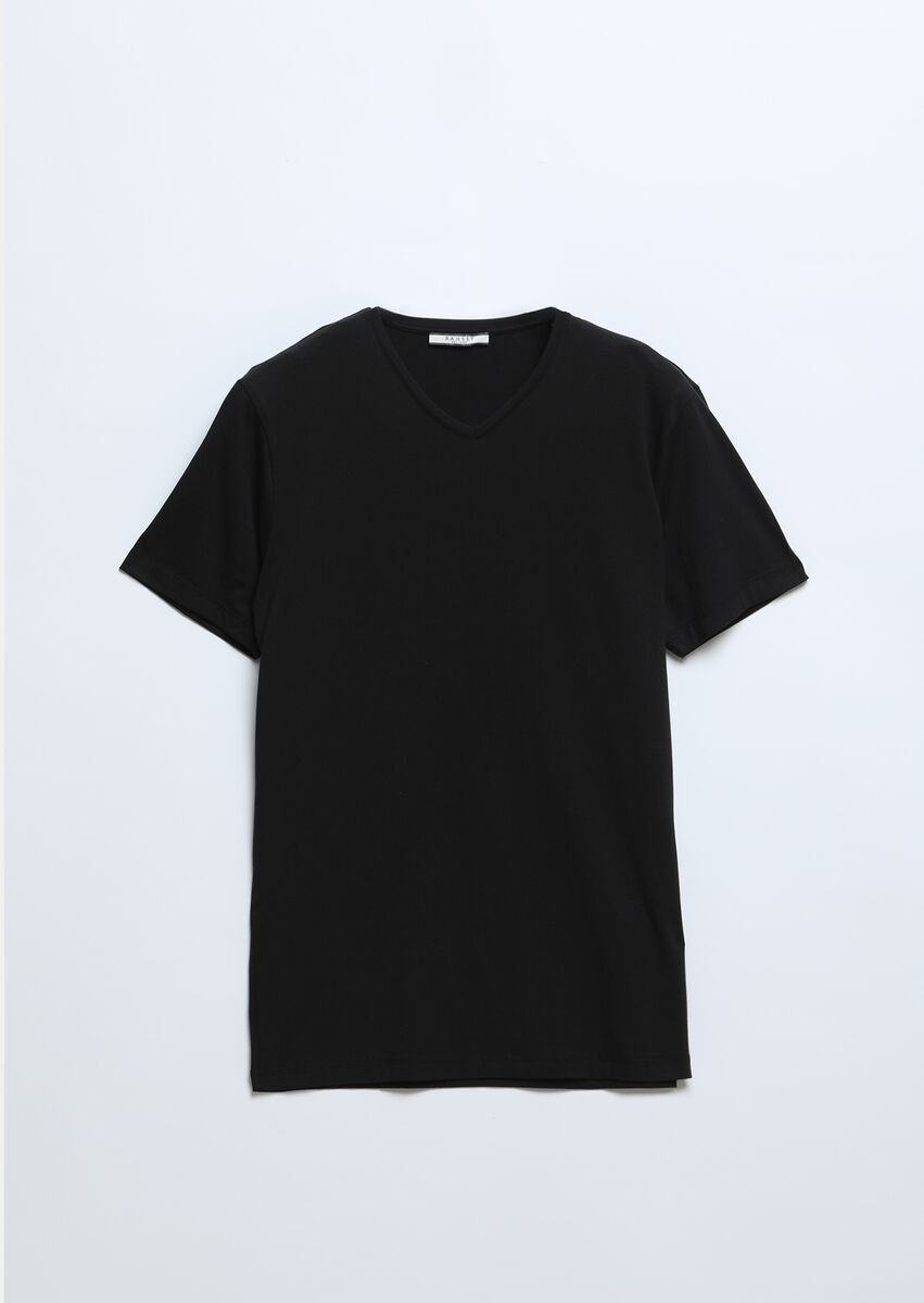 Black Plain V-Neck Cotton Blended T-Shirt - 6