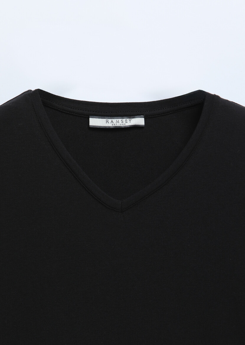 Black Plain V-Neck Cotton Blended T-Shirt - 7