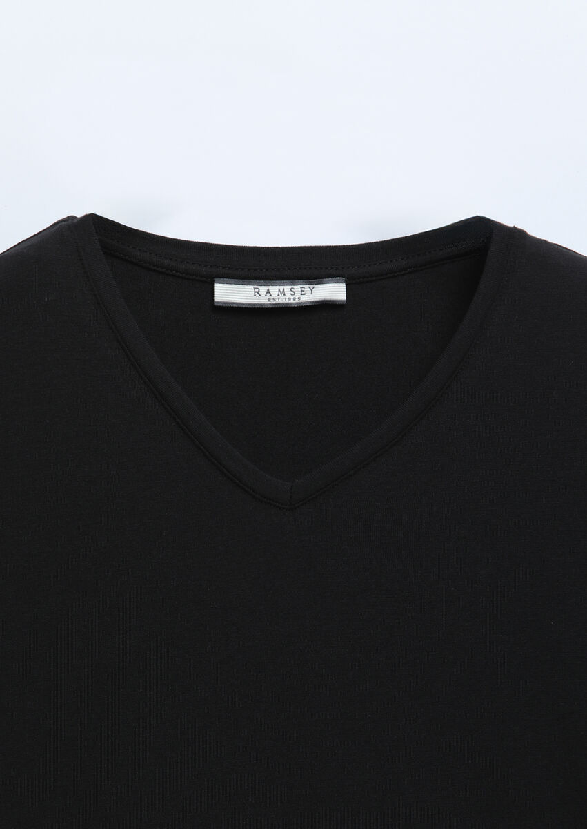 Black Plain V-Neck Cotton Blended T-Shirt - 7