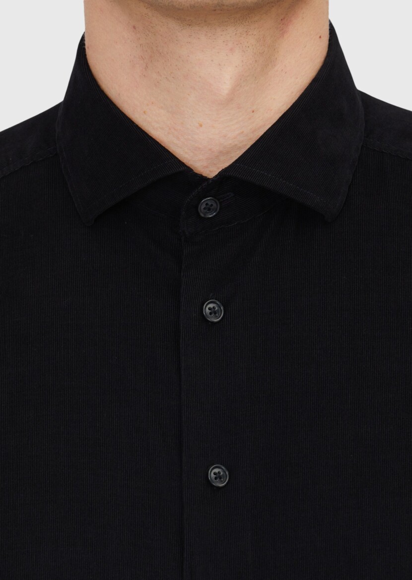Black Plain Weaving Casual 100% Cotton Shirt - 5