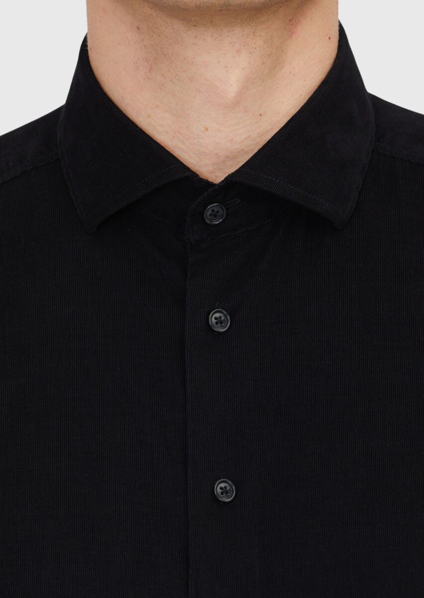 Black Plain Weaving Casual 100% Cotton Shirt - 5