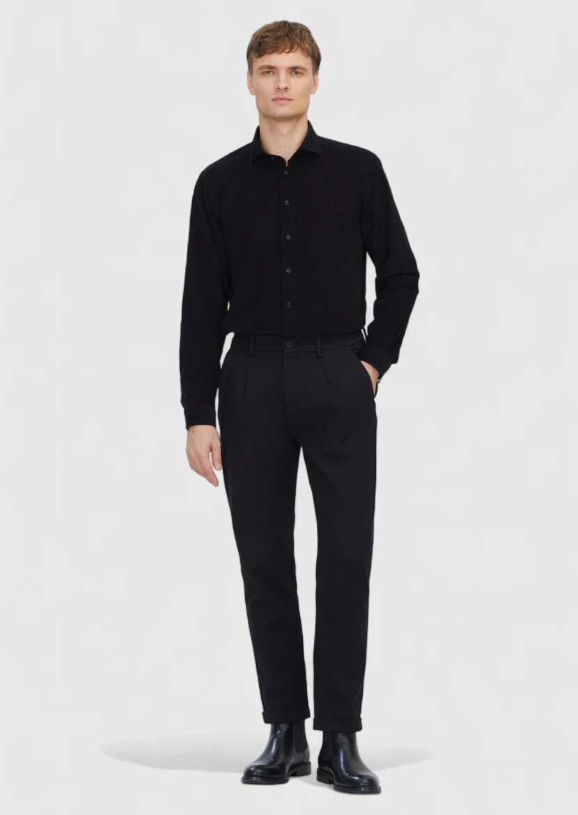 Black Plain Weaving Casual 100% Cotton Shirt 
