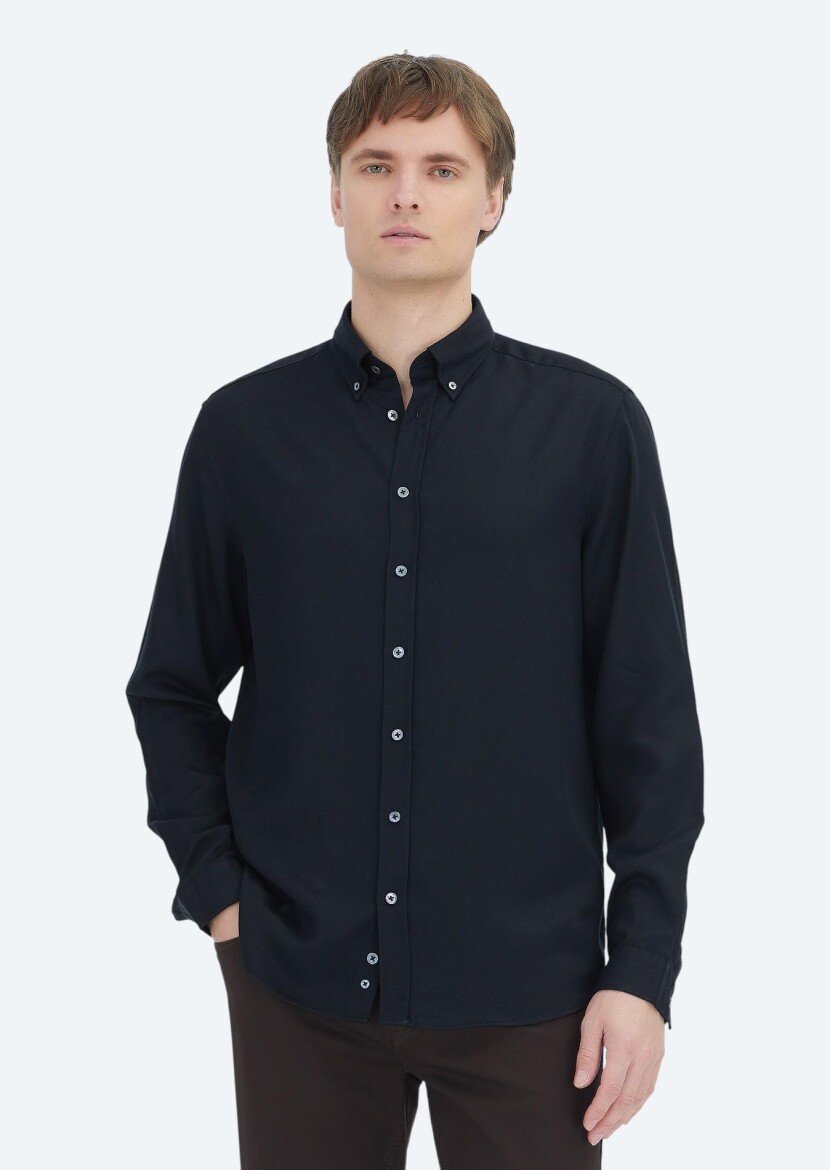 Black Plain Weaving Casual Shirt - 1