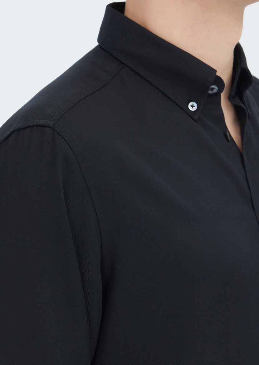 Black Plain Weaving Casual Shirt - 4