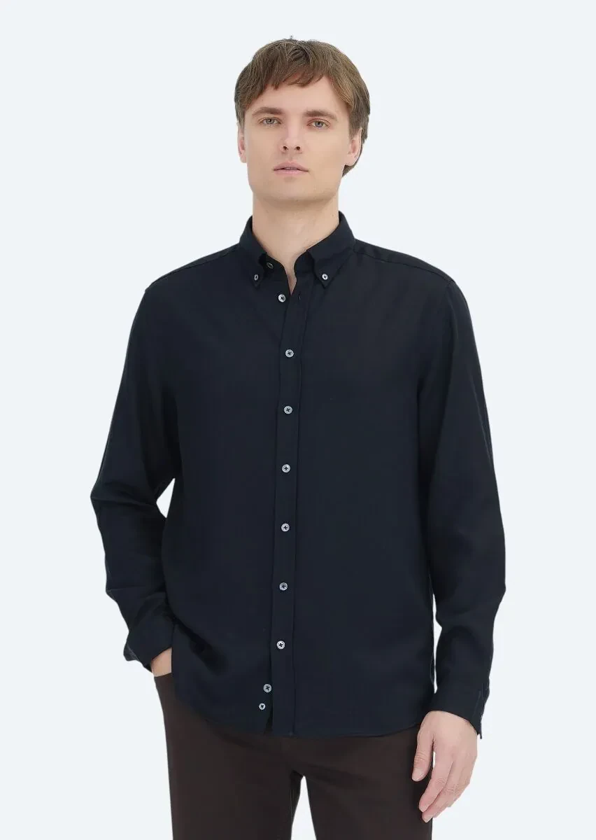 Black Plain Weaving Casual Shirt - 1