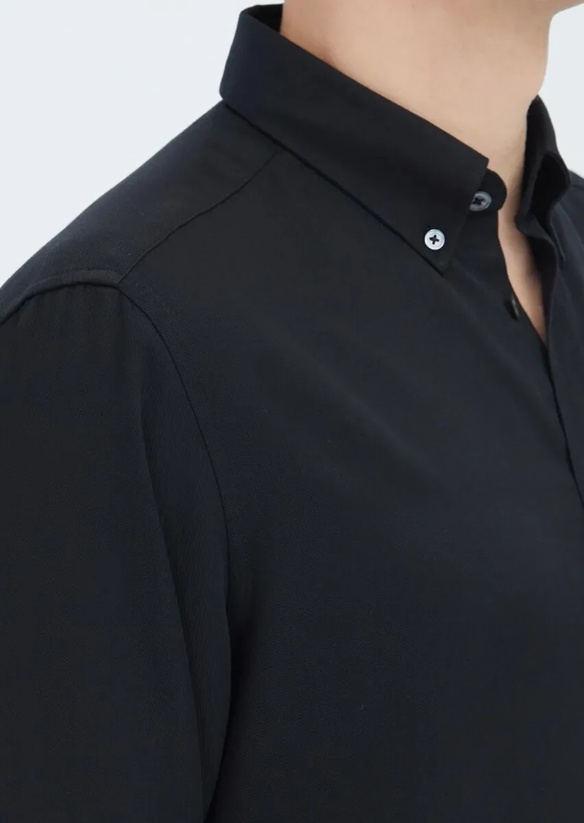 Black Plain Weaving Casual Shirt - 4
