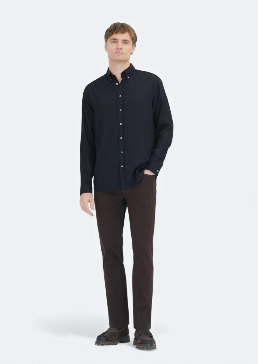 Black Plain Weaving Casual Shirt - 2