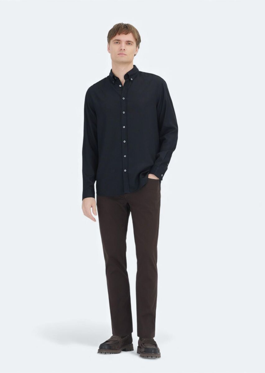 Black Plain Weaving Casual Shirt - 2