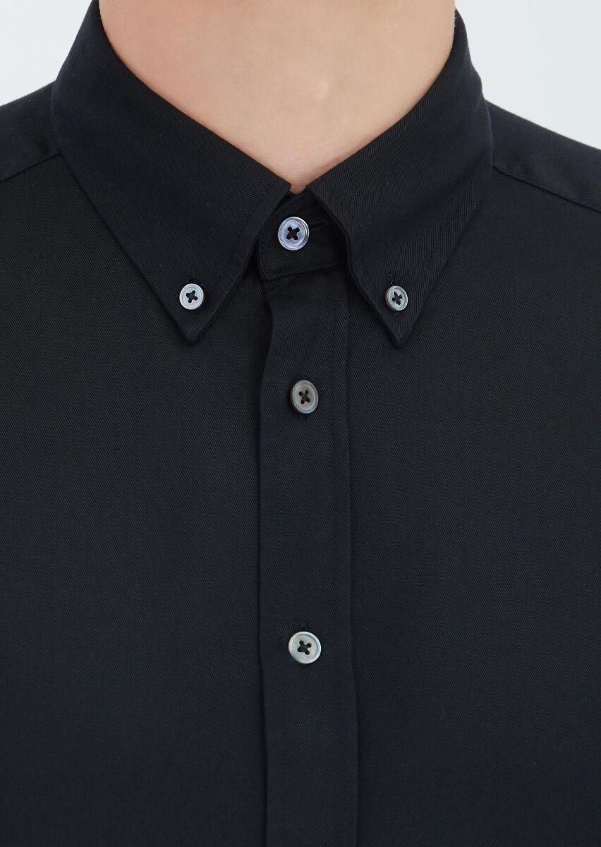 Black Plain Weaving Casual Shirt - 3