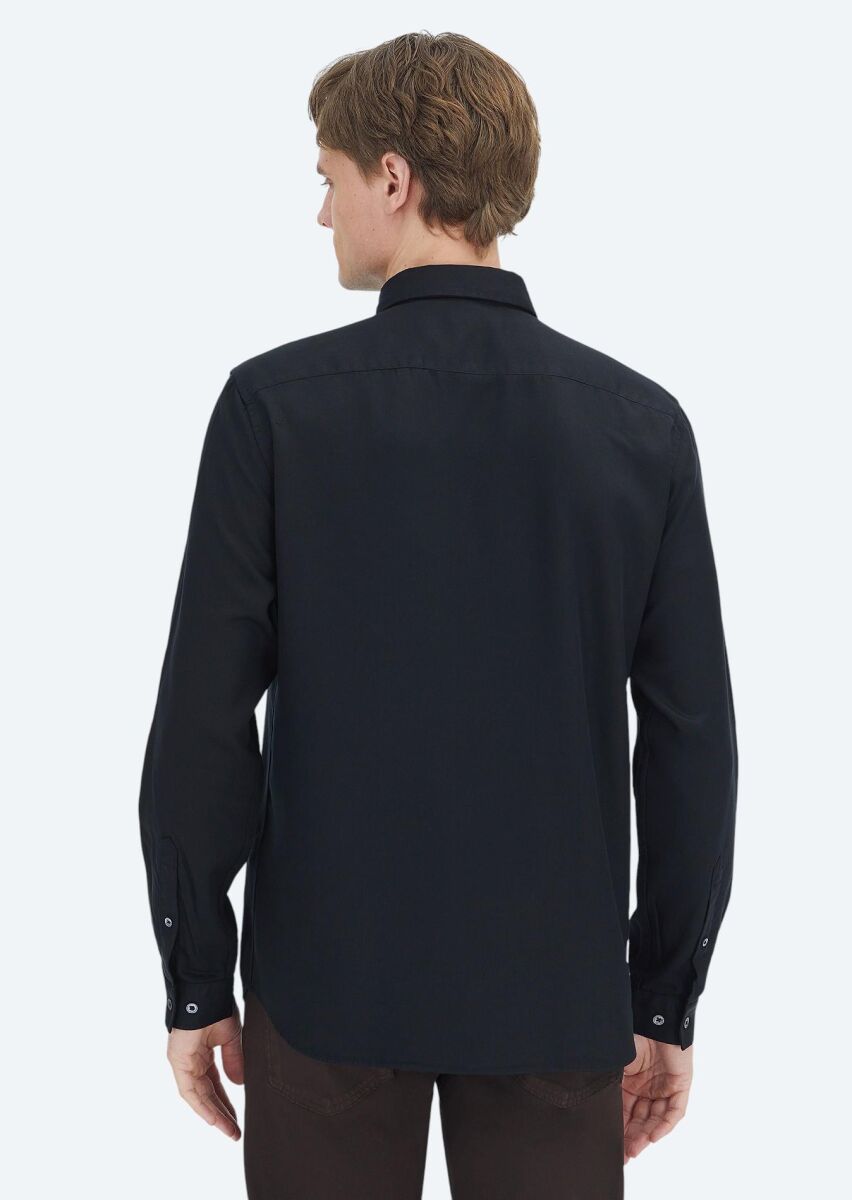 Black Plain Weaving Casual Shirt - 5